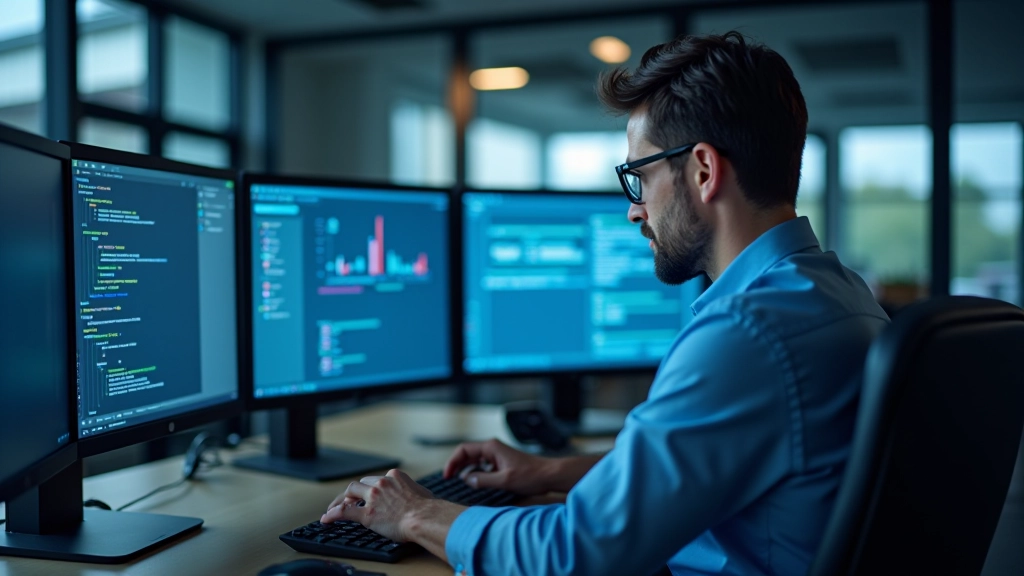 Professionnel IT travaillant à son bureau avec moniteurs multiples, analysant des diagrammes d'infrastructure