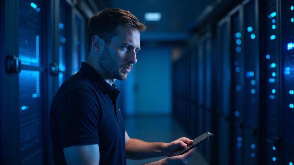 Technicien IT configrant un serveur virtualisé dans une salle de serveurs avec équipement moderne