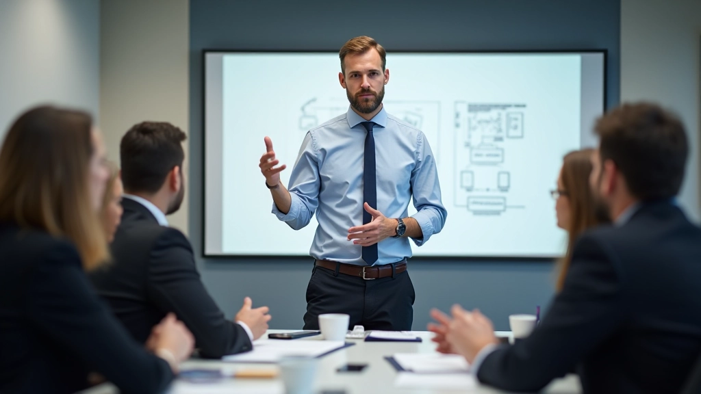 Professionnel donnant une formation IT à ses collègues dans une salle de réunion avec tableau blanc et documentation