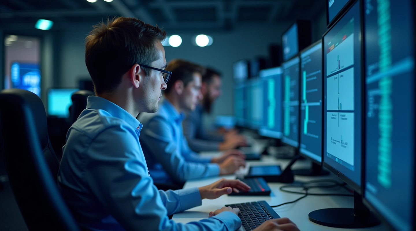 Équipe informatique travaillant ensemble dans un centre de données moderne avec des écrans de monitoring