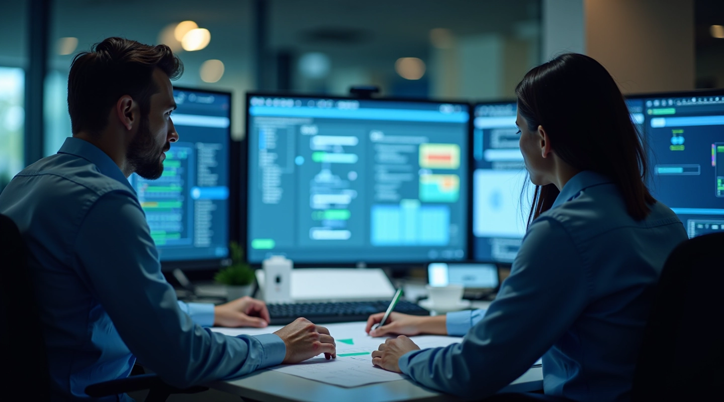 Équipe planifiant une architecture réseau robuste avec des schémas et diagrammes d'infrastructure sur écrans de bureau