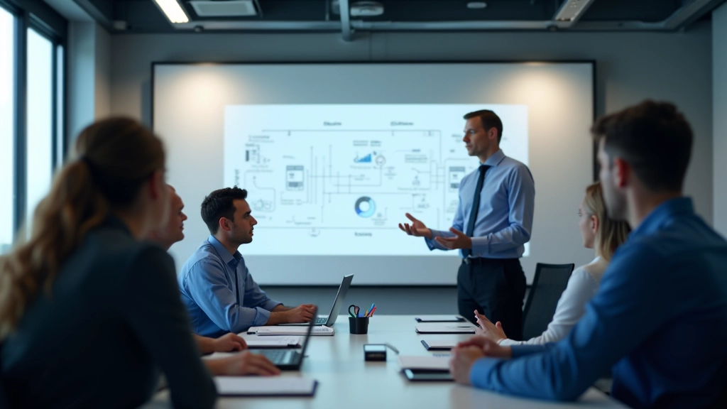 Équipe de professionnels IT en réunion, discutant de stratégie d'infrastructure informatique avec diagrammes techniques