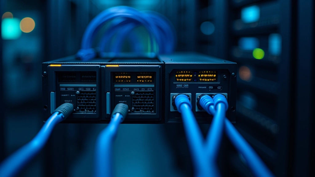 Deux commutateurs réseau côte à côte avec connexions en câbles fibre optique pour la redondance